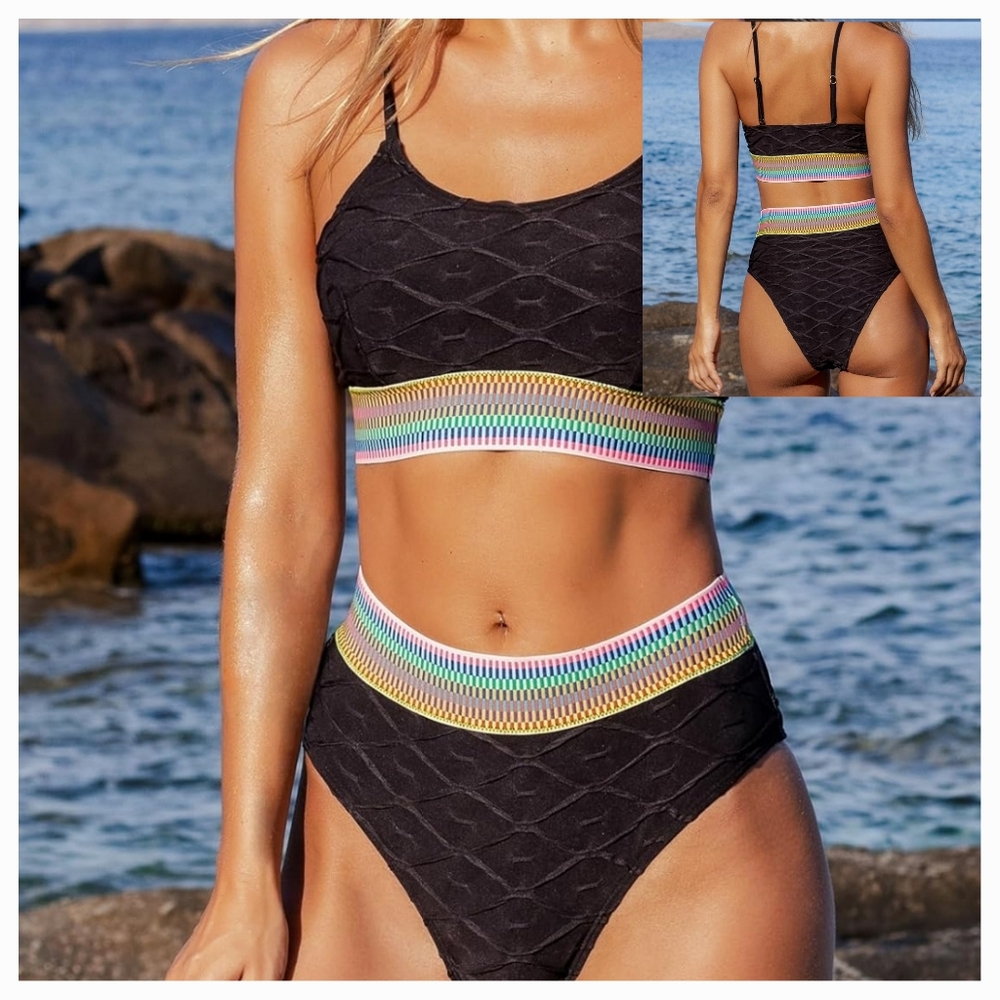 CUPSHE Women's SMALL Bikini Two Piece High Waisted Scoop Neck Adjustable Straps